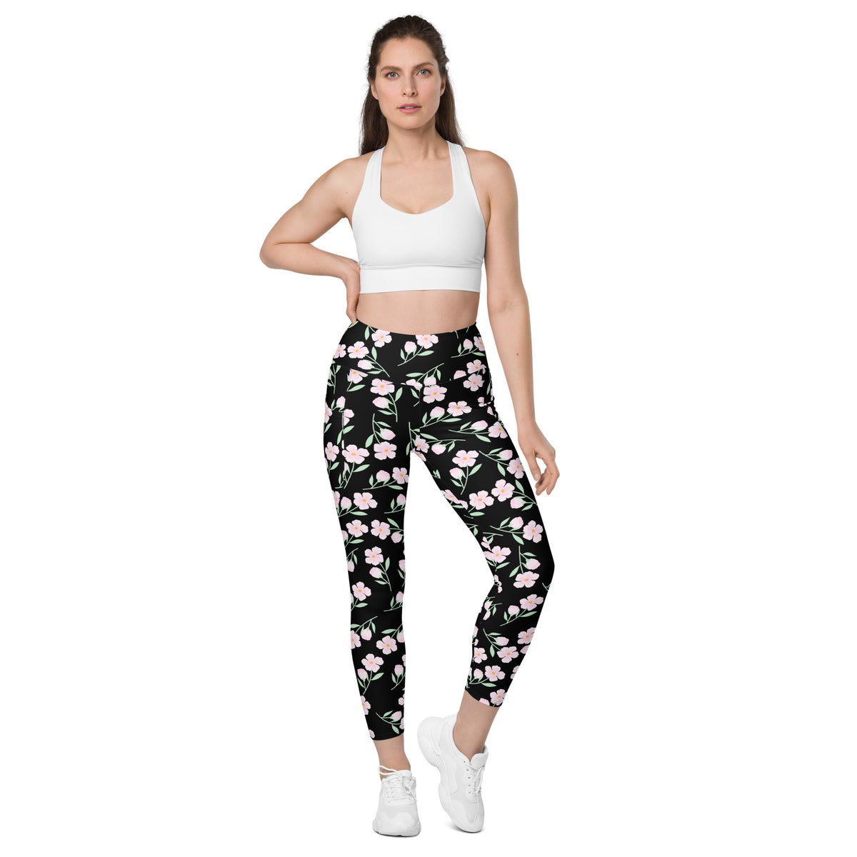 Women’s Pink Floral Leggings With Pockets – High-Waisted, Soft Compression Active Pants