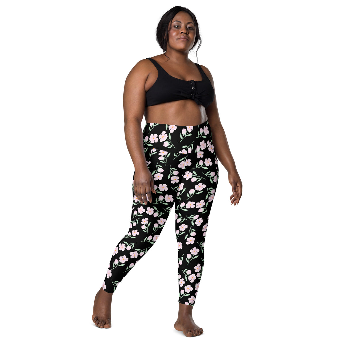 Women’s Pink Floral Leggings With Pockets – High-Waisted, Soft Compression Active Pants