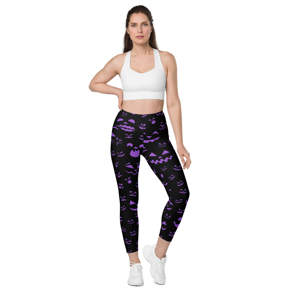 Women’s Purple Jack O’ Lantern Faces Halloween Yoga Leggings With Pockets – High-Waisted, Soft Compression Active Pants