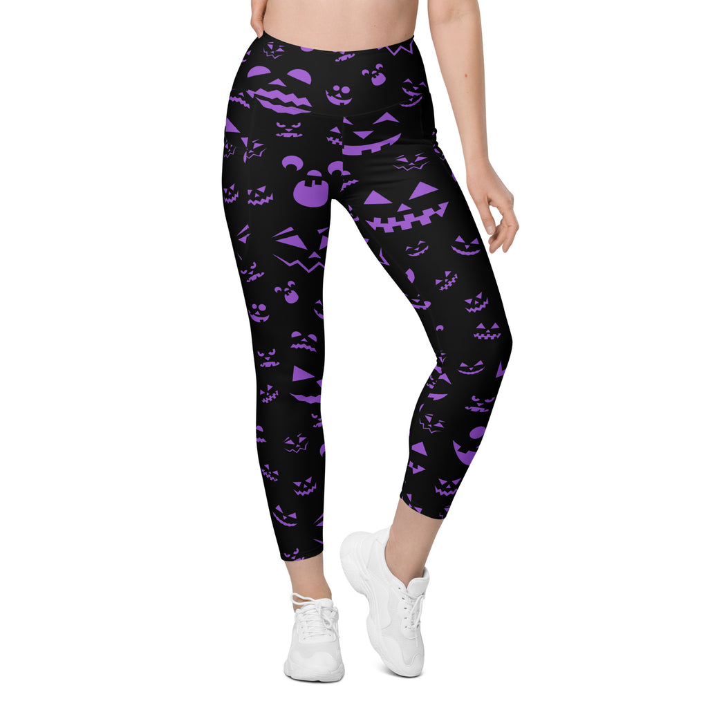 Women’s Purple Jack O’ Lantern Faces Halloween Yoga Leggings With Pockets – High-Waisted, Soft Compression Active Pants