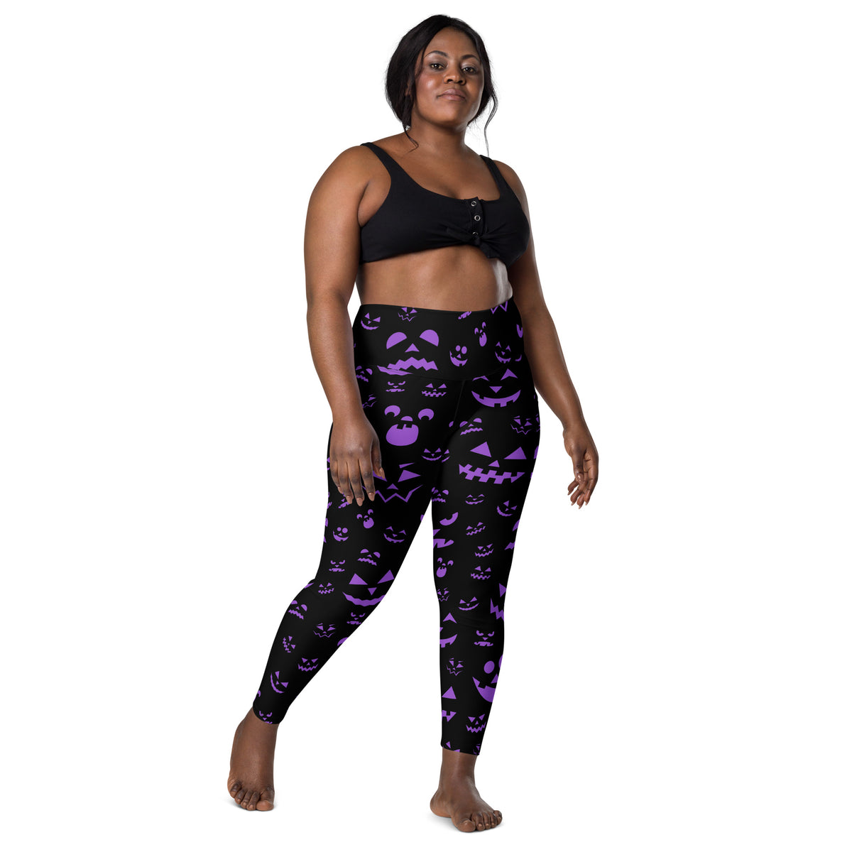 Women’s Purple Jack O’ Lantern Faces Halloween Yoga Leggings With Pockets – High-Waisted, Soft Compression Active Pants