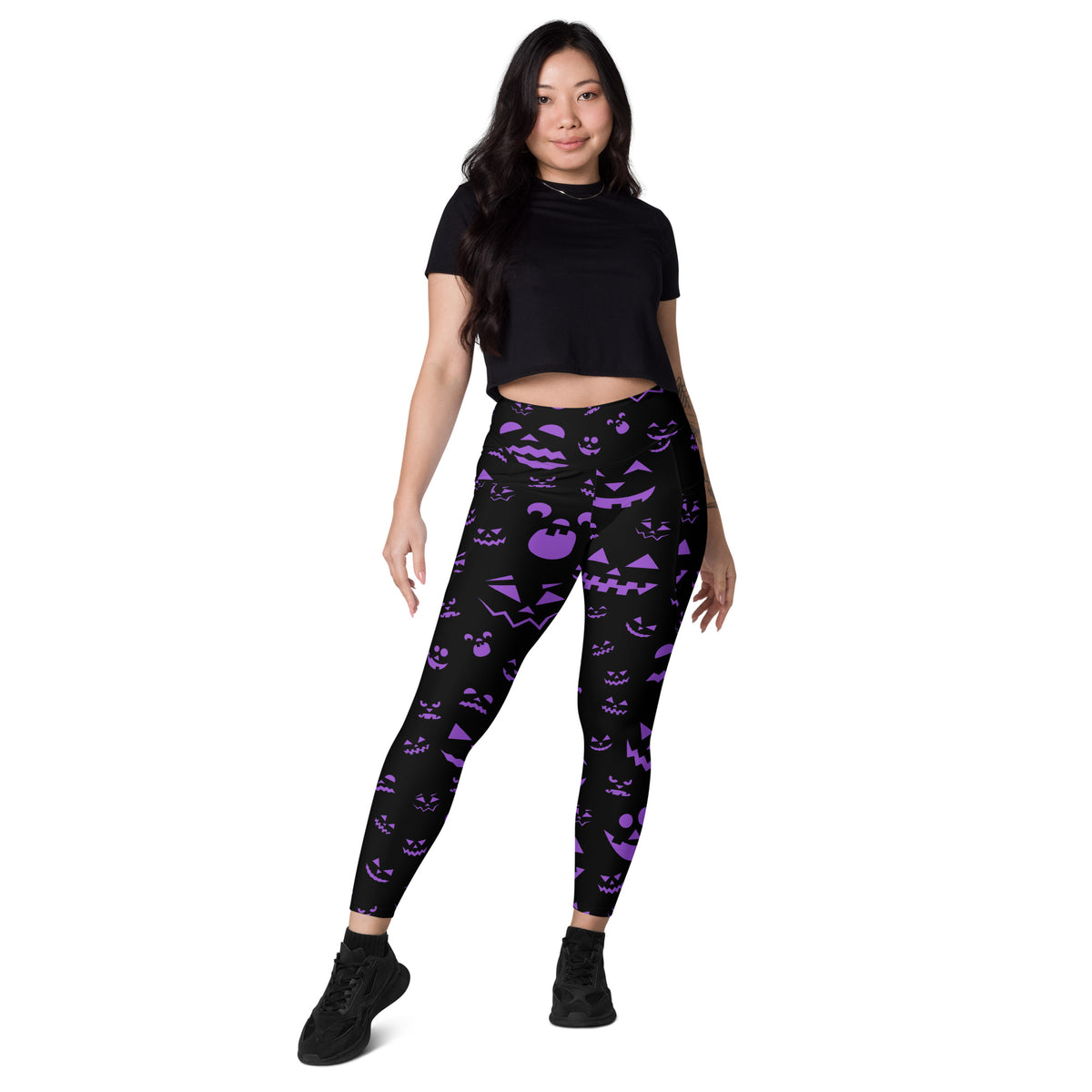 Women’s Purple Jack O’ Lantern Faces Halloween Yoga Leggings With Pockets – High-Waisted, Soft Compression Active Pants