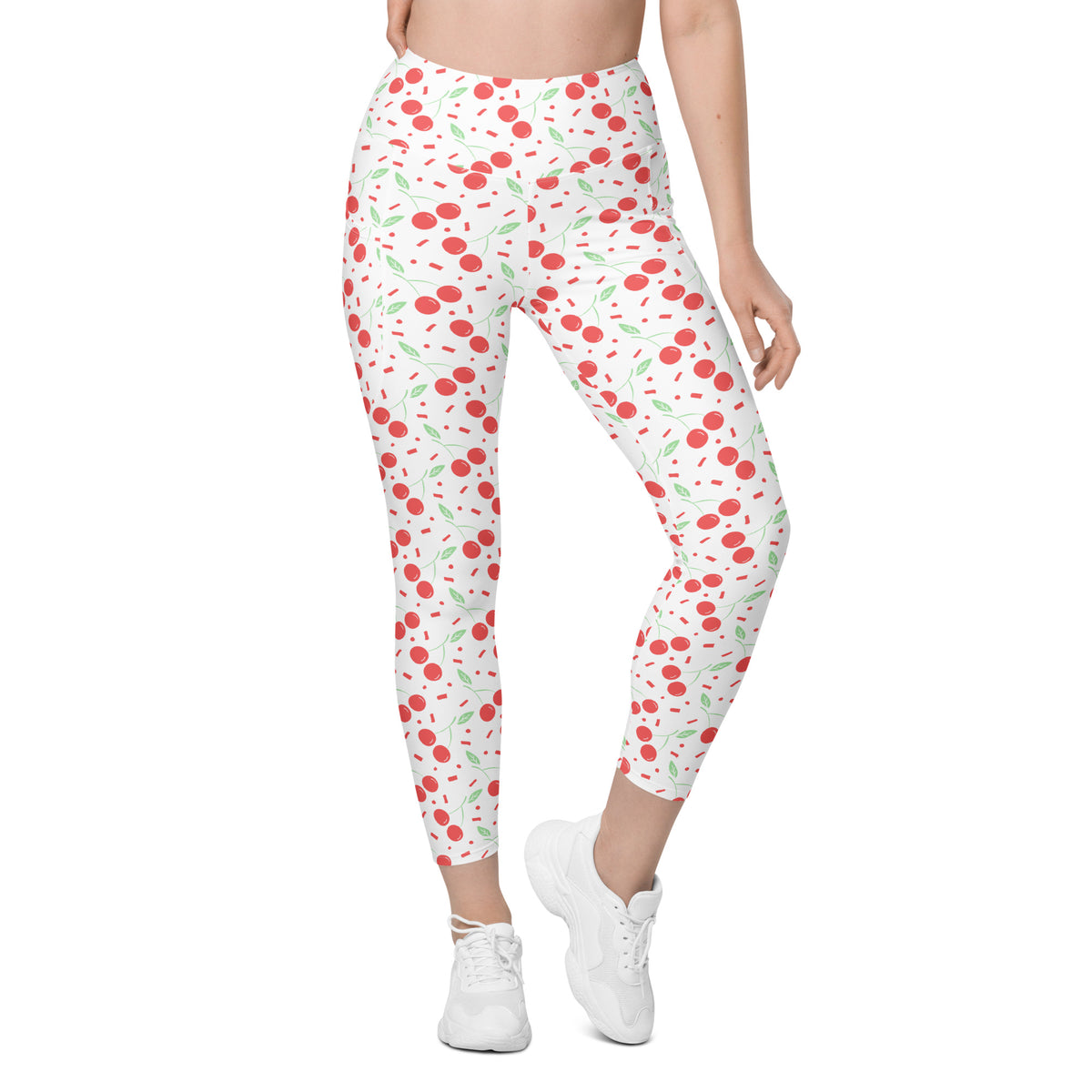 Women’s Cherry Sprinkle Yoga Leggings With Pockets – High-Waisted, Soft Compression Active Pants