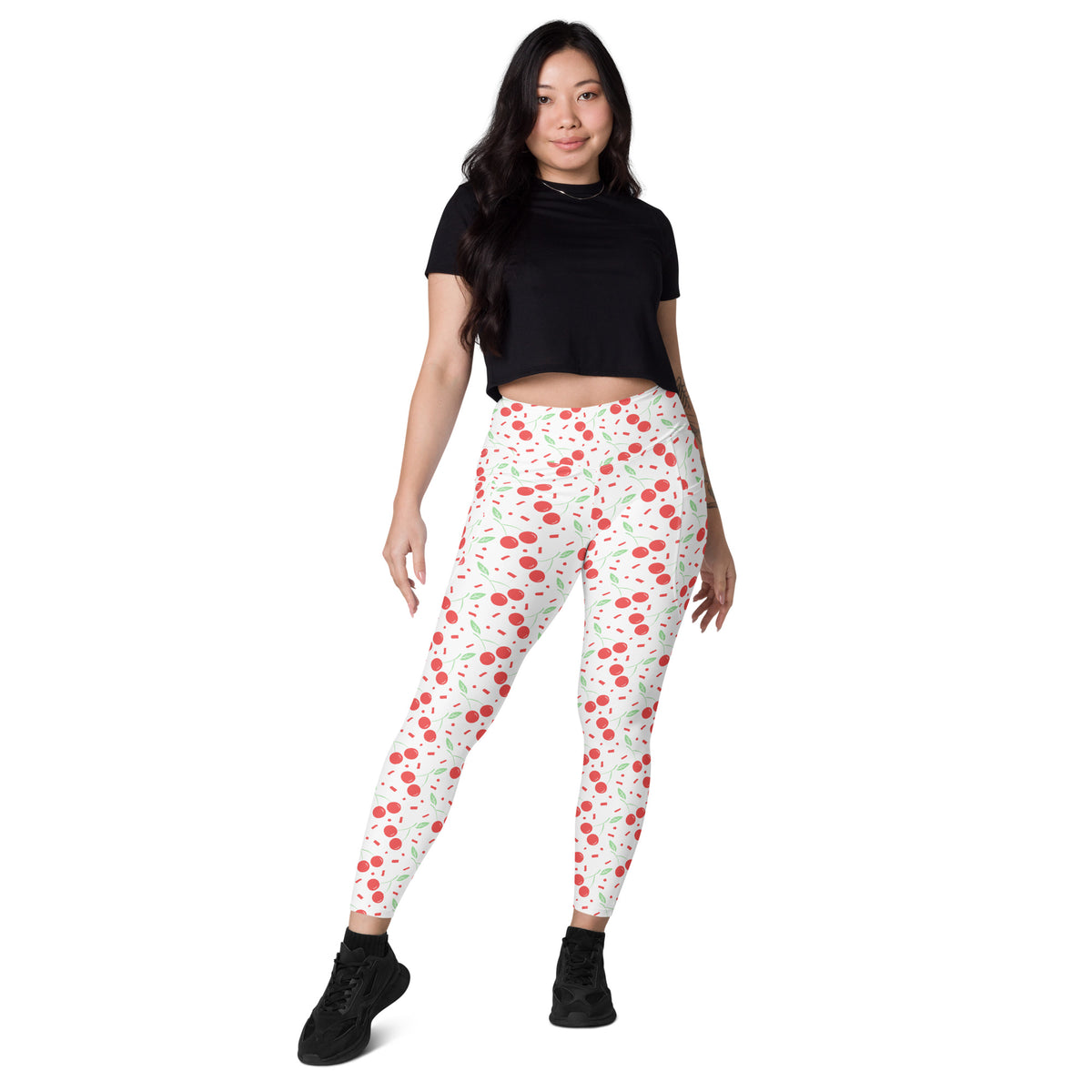 Women’s Cherry Sprinkle Yoga Leggings With Pockets – High-Waisted, Soft Compression Active Pants