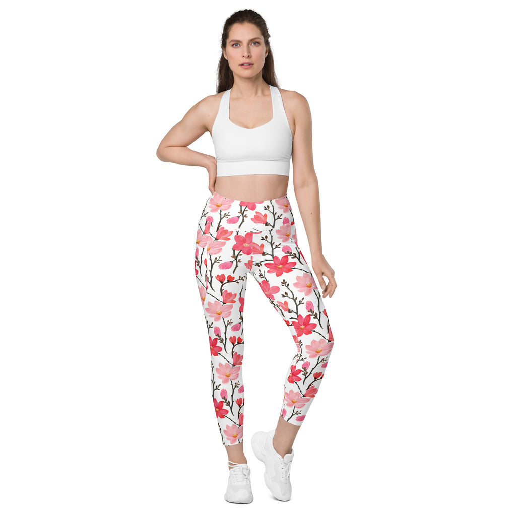 Women’s Pink Watercolor Floral Yoga Leggings With Pockets – High-Waisted, Soft Compression Active Pants