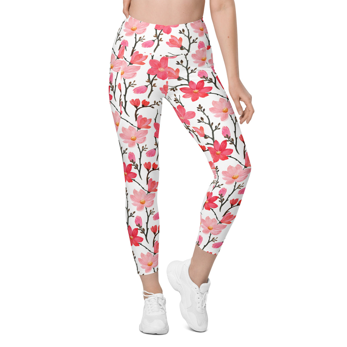 Women’s Pink Watercolor Floral Yoga Leggings With Pockets – High-Waisted, Soft Compression Active Pants