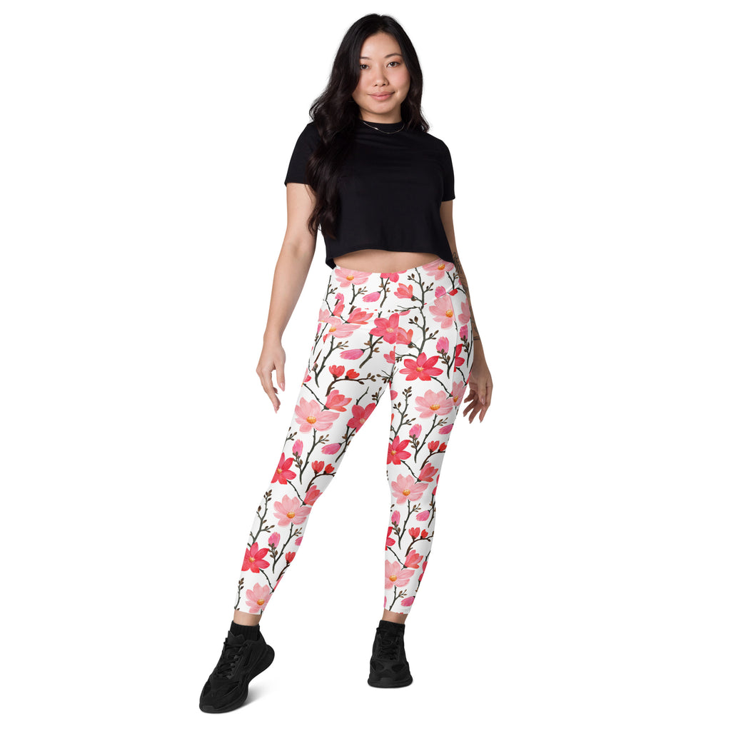 Women’s Pink Watercolor Floral Yoga Leggings With Pockets – High-Waisted, Soft Compression Active Pants