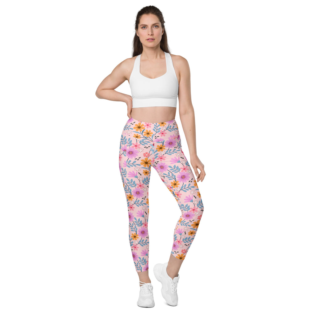 Women’s Colorful Pink Floral Yoga Leggings With Pockets – High-Waisted, Soft Compression Active Pants