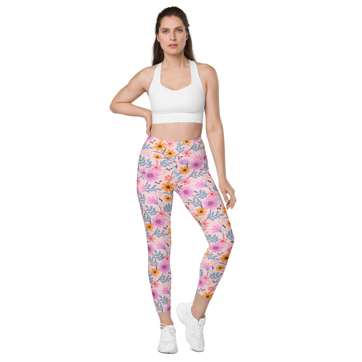 Women’s Colorful Pink Floral Yoga Leggings With Pockets – High-Waisted, Soft Compression Active Pants