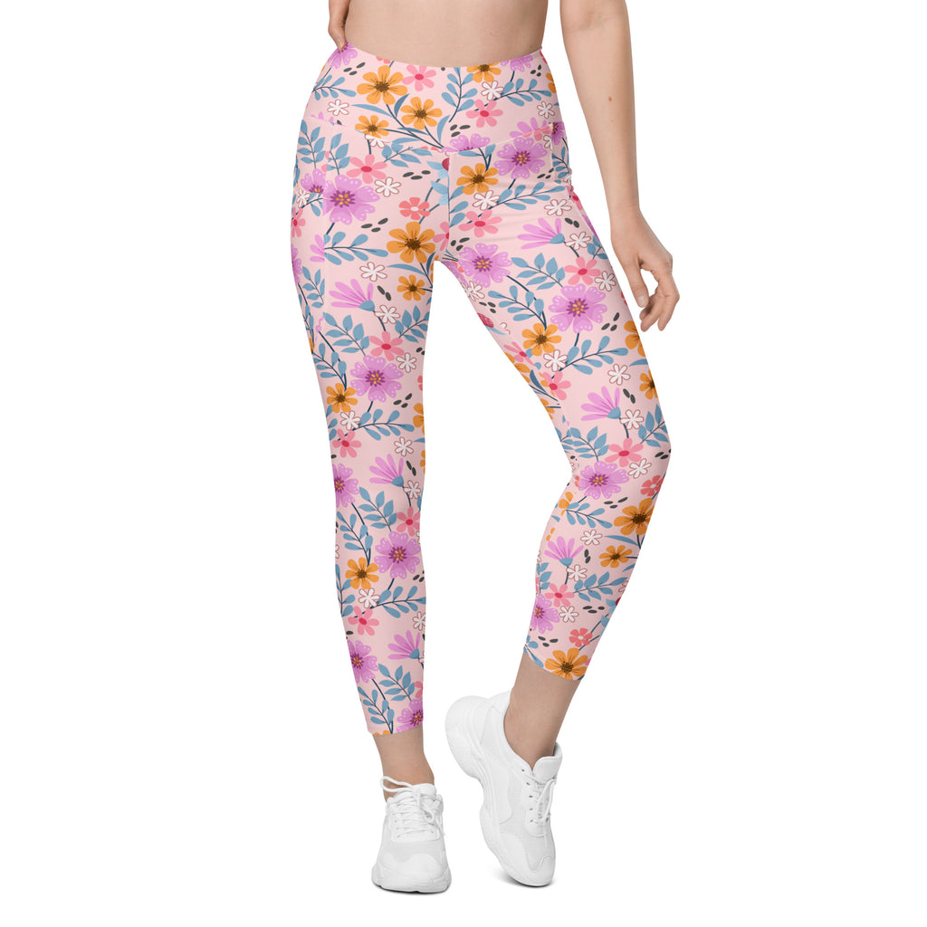 Women’s Colorful Pink Floral Yoga Leggings With Pockets – High-Waisted, Soft Compression Active Pants