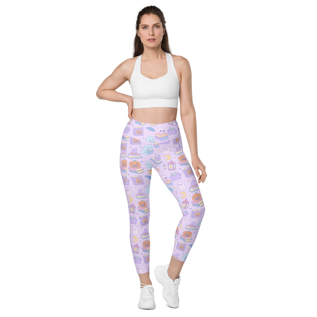 Women’s Purple Halloween Ghost Yoga Leggings With Pockets – High-Waisted, Soft Compression Active Pants