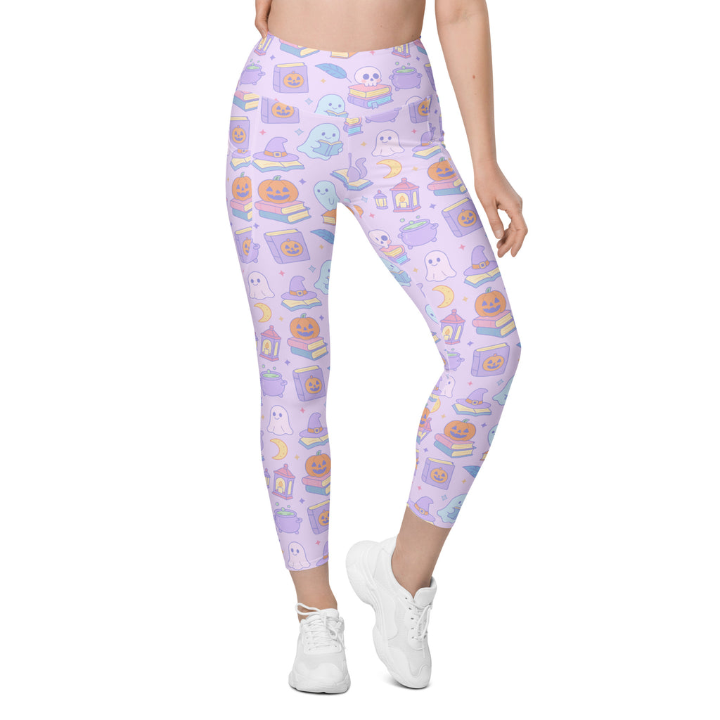 Women’s Purple Halloween Ghost Yoga Leggings With Pockets – High-Waisted, Soft Compression Active Pants