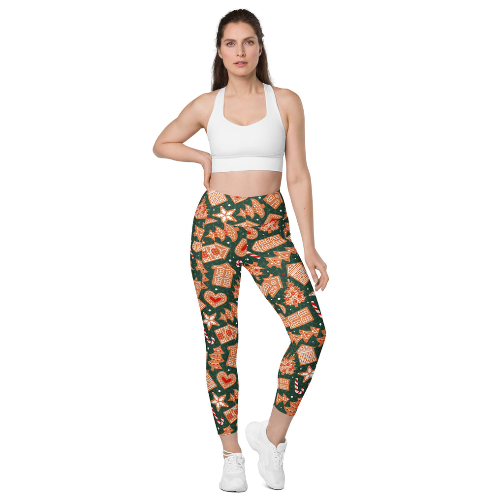 Women’s Green Gingerbread Christmas Yoga Leggings With Pockets – High-Waisted, Soft Compression Active Pants