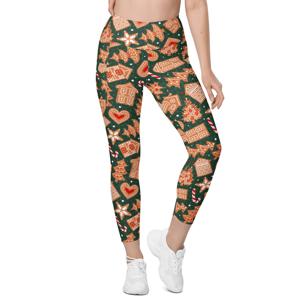 Women’s Green Gingerbread Christmas Yoga Leggings With Pockets – High-Waisted, Soft Compression Active Pants