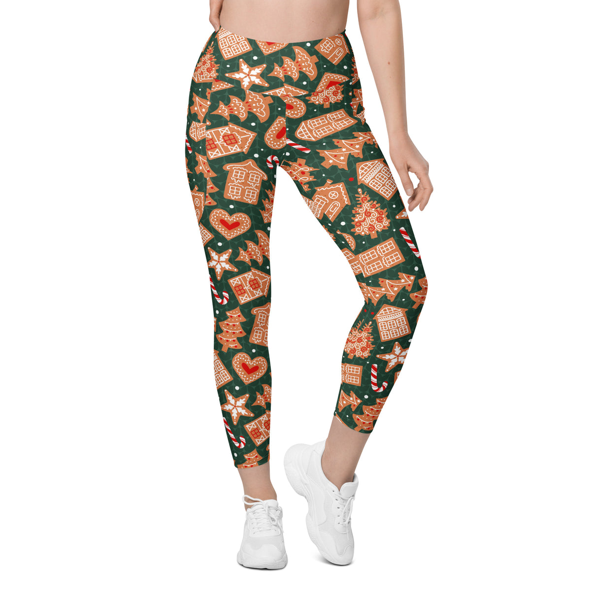 Women’s Green Gingerbread Christmas Yoga Leggings With Pockets – High-Waisted, Soft Compression Active Pants