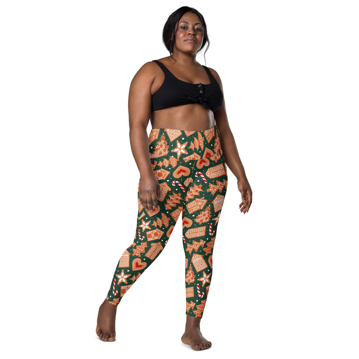 Women’s Green Gingerbread Christmas Yoga Leggings With Pockets – High-Waisted, Soft Compression Active Pants