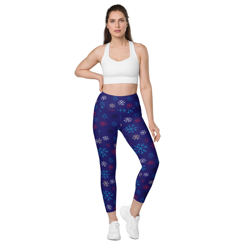 Women’s Blue Snowflake Christmas Yoga Leggings With Pockets – High-Waisted, Soft Compression Active Pants