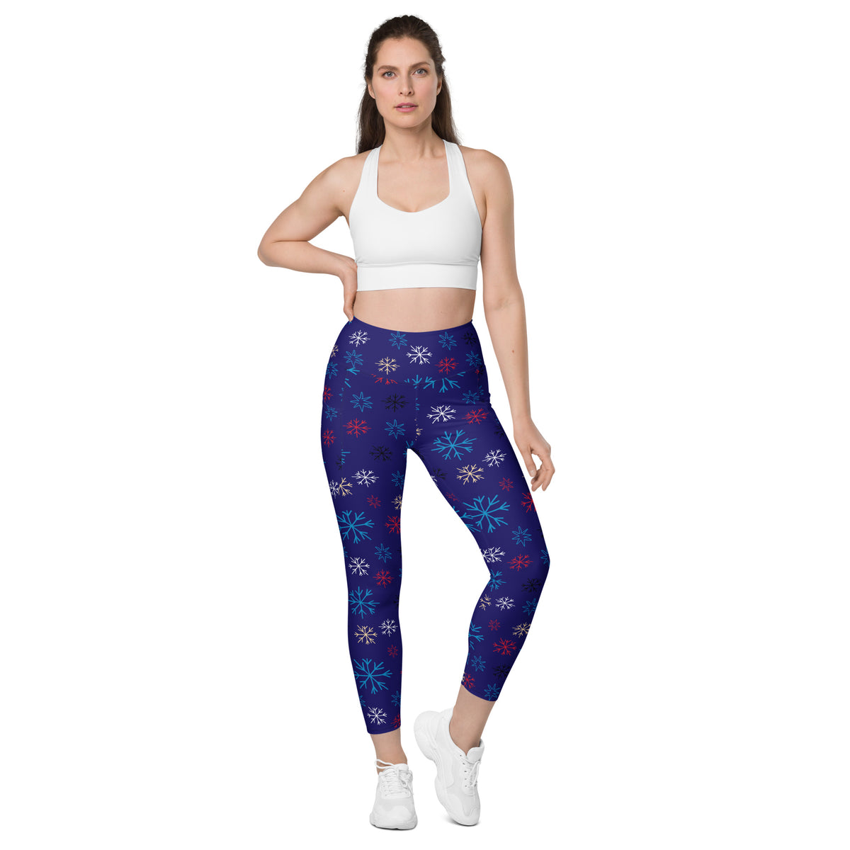 Women’s Blue Snowflake Christmas Yoga Leggings With Pockets – High-Waisted, Soft Compression Active Pants