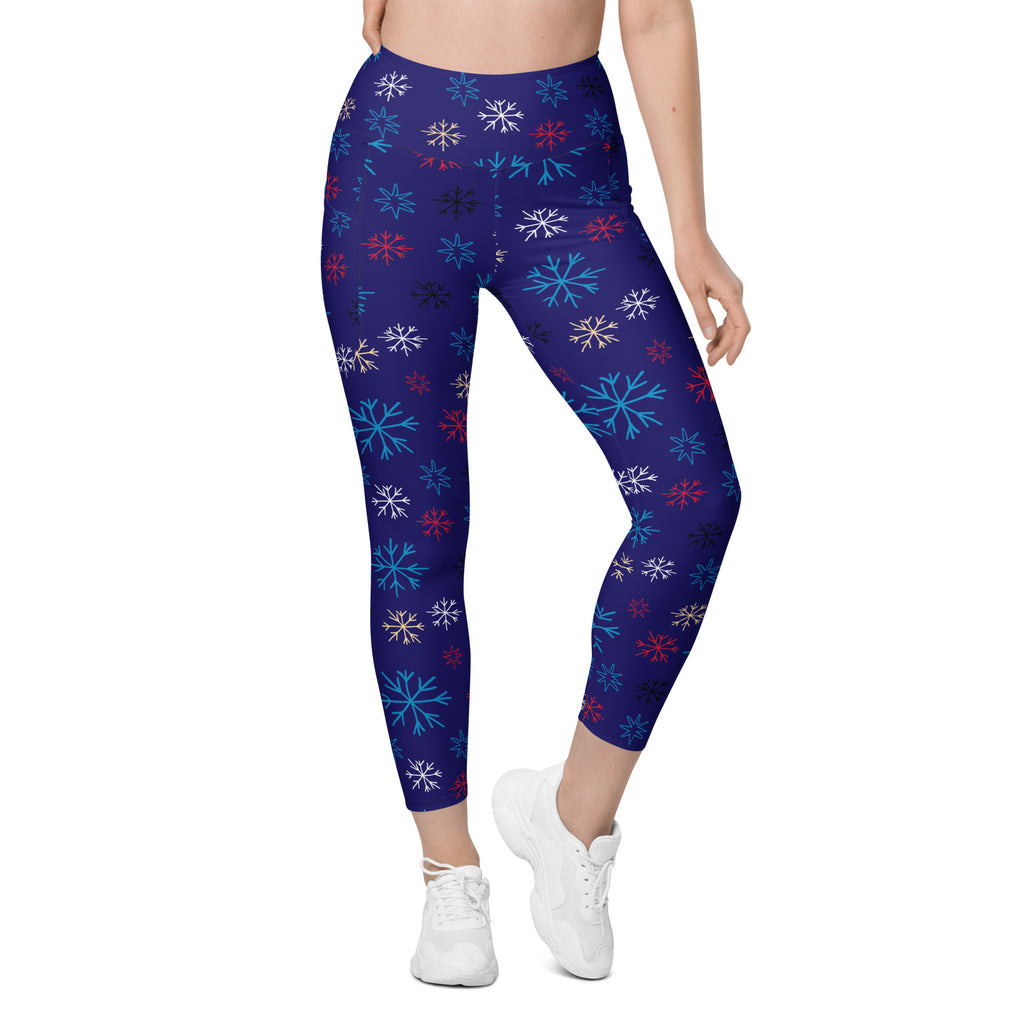 Women’s Blue Snowflake Christmas Yoga Leggings With Pockets – High-Waisted, Soft Compression Active Pants