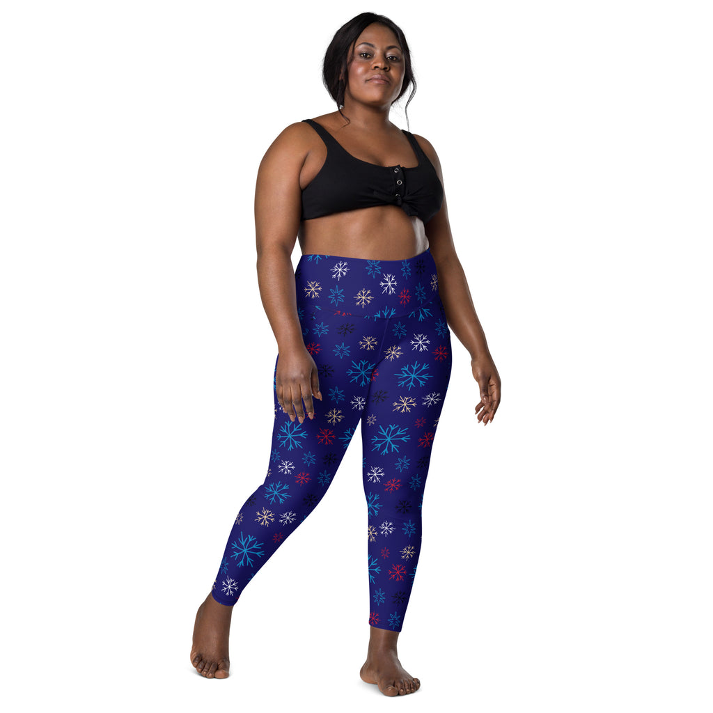 Women’s Blue Snowflake Christmas Yoga Leggings With Pockets – High-Waisted, Soft Compression Active Pants