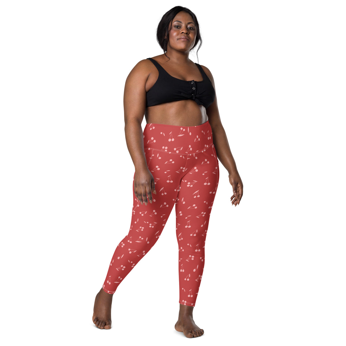 Women’s Red Cherry Yoga Leggings With Pockets – High-Waisted, Soft Compression Active Pants