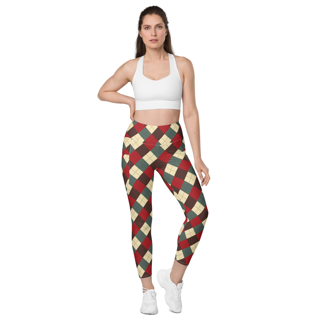 Women’s Vintage Christmas Argyle Yoga Leggings With Pockets – High-Waisted, Soft Compression Active Pants