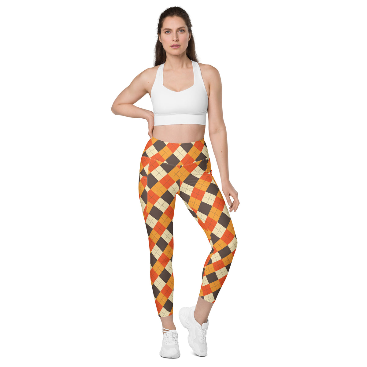 Women’s Autumn Argyle Yoga Leggings With Pockets – High-Waisted, Soft Compression Active Pants
