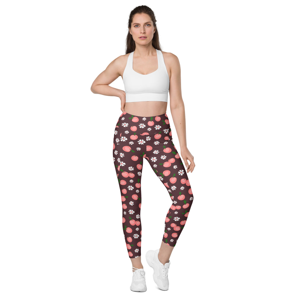 Women’s Peach & Daisy Yoga Leggings With Pockets – High-Waisted, Soft Compression Active Pants