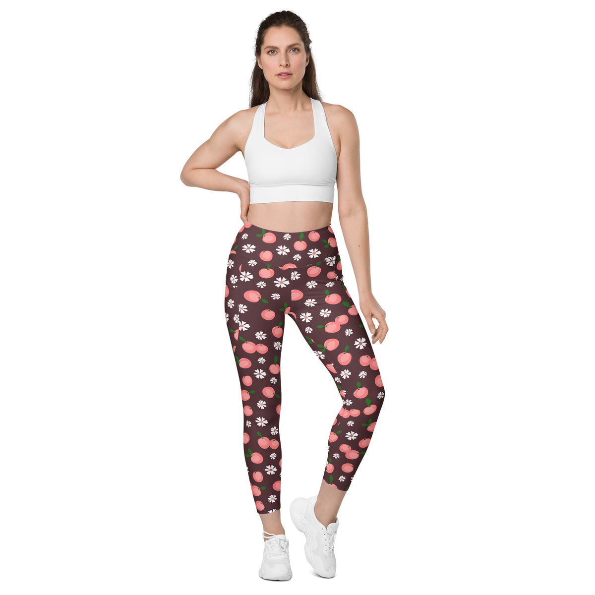 Women’s Peach & Daisy Yoga Leggings With Pockets – High-Waisted, Soft Compression Active Pants