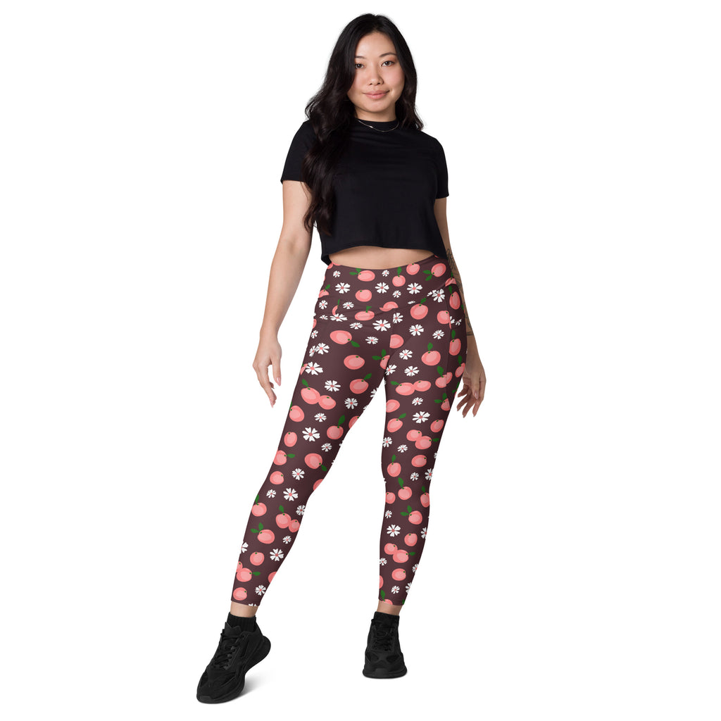 Women’s Peach & Daisy Yoga Leggings With Pockets – High-Waisted, Soft Compression Active Pants