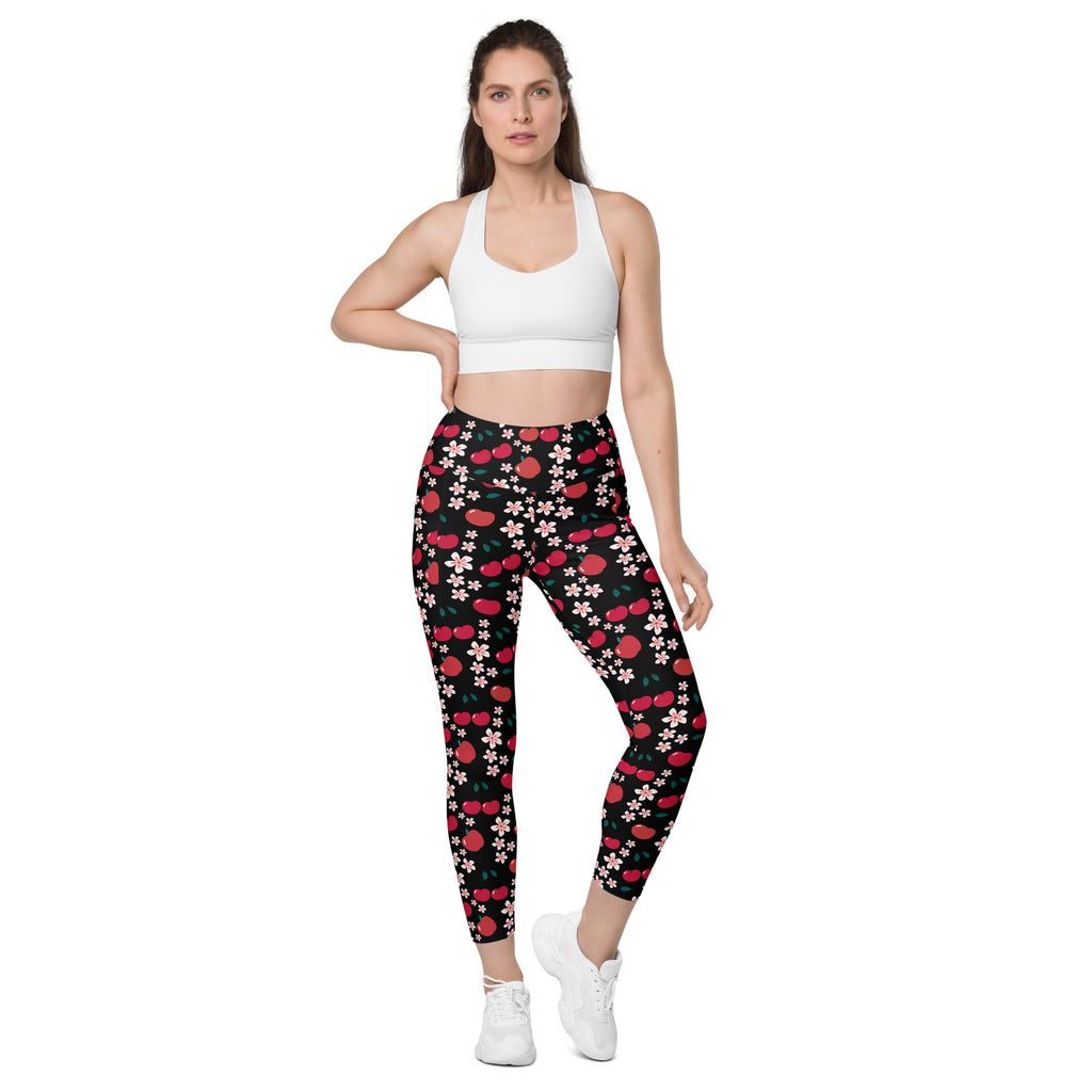 Women’s Apple & Cherry Blossom Yoga Leggings With Pockets – High-Waisted, Soft Compression Active Pants