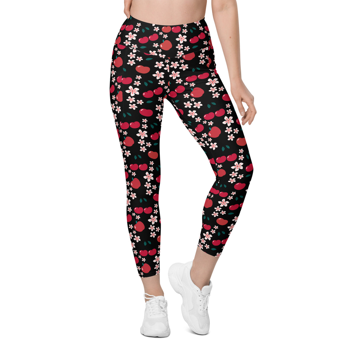 Women’s Apple & Cherry Blossom Yoga Leggings With Pockets – High-Waisted, Soft Compression Active Pants