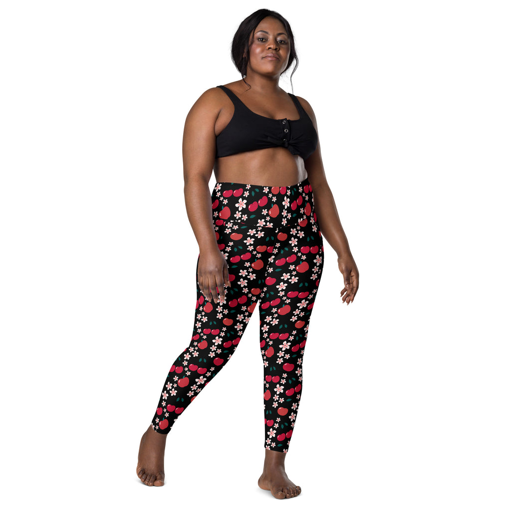 Women’s Apple & Cherry Blossom Yoga Leggings With Pockets – High-Waisted, Soft Compression Active Pants