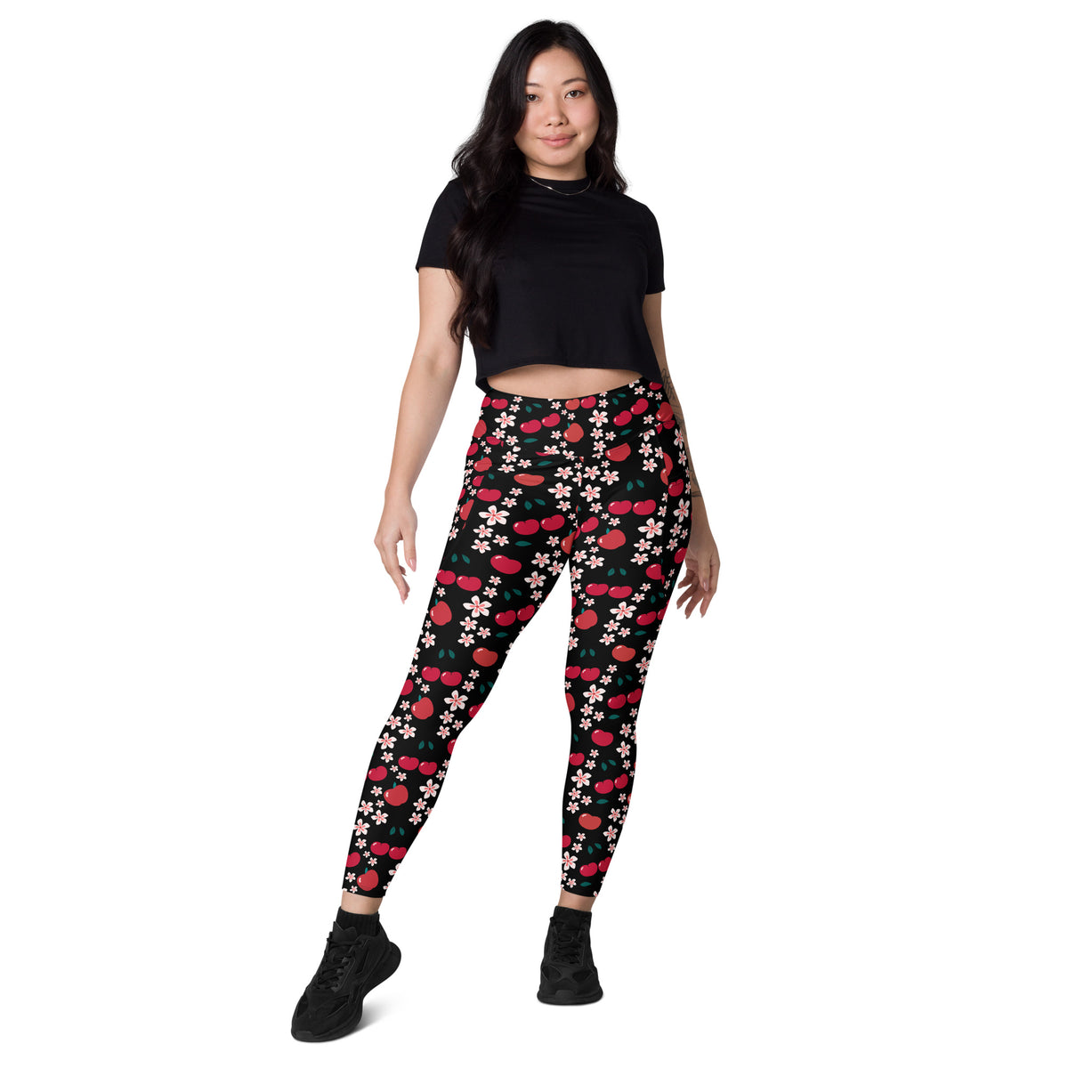 Women’s Apple & Cherry Blossom Yoga Leggings With Pockets – High-Waisted, Soft Compression Active Pants