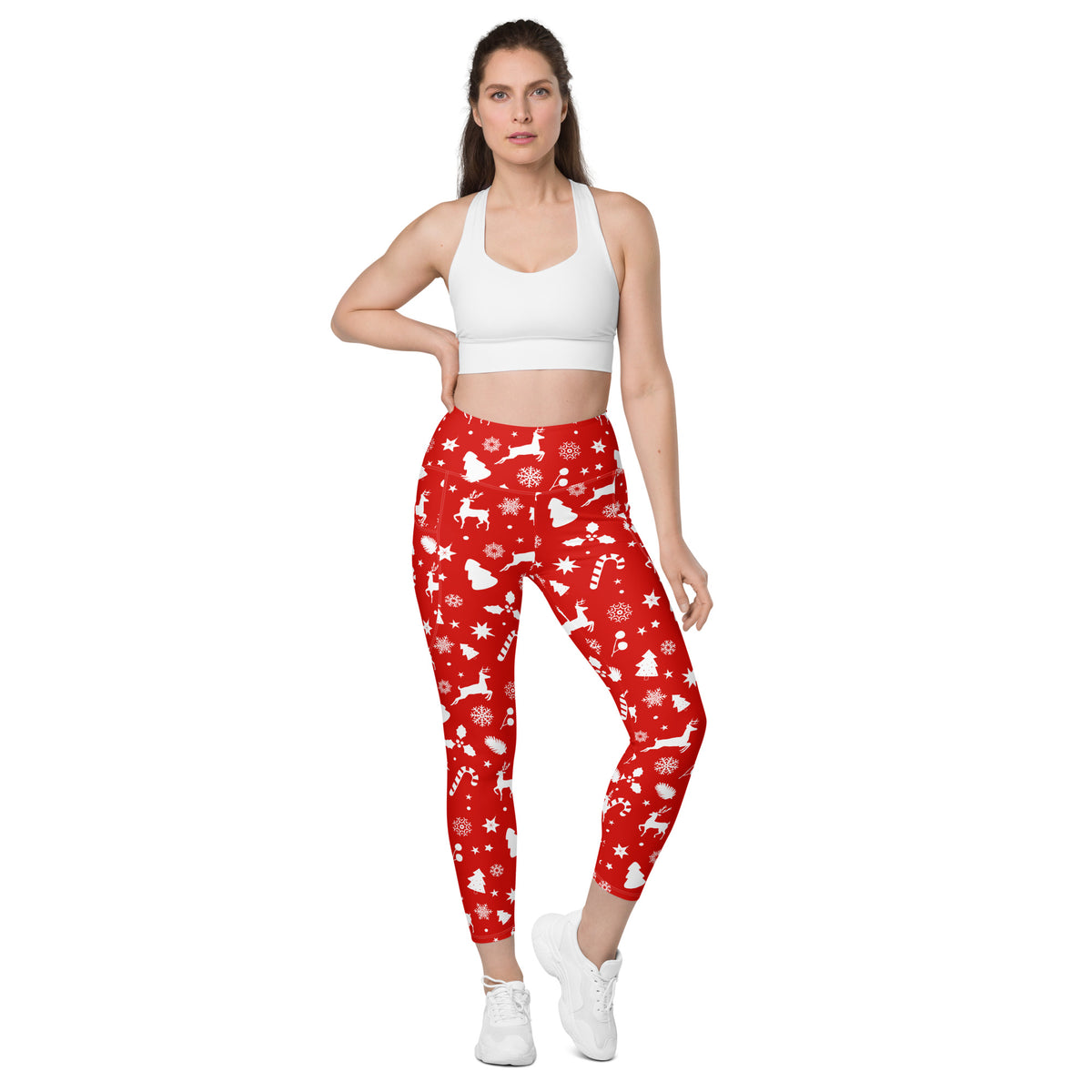 Women’s Red Christmas Yoga Leggings With Pockets – High-Waisted, Soft Compression Active Pants