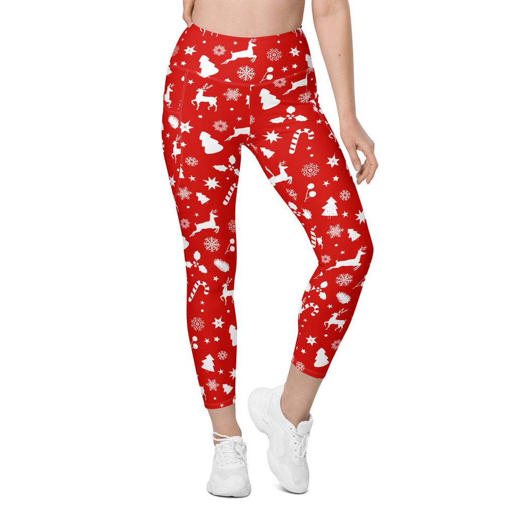 Women’s Red Christmas Yoga Leggings With Pockets – High-Waisted, Soft Compression Active Pants
