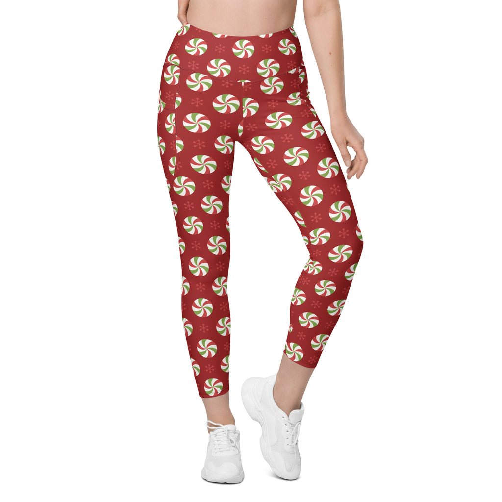 Women’s Peppermint Christmas Yoga Leggings With Pockets – High-Waisted, Soft Compression Active Pants
