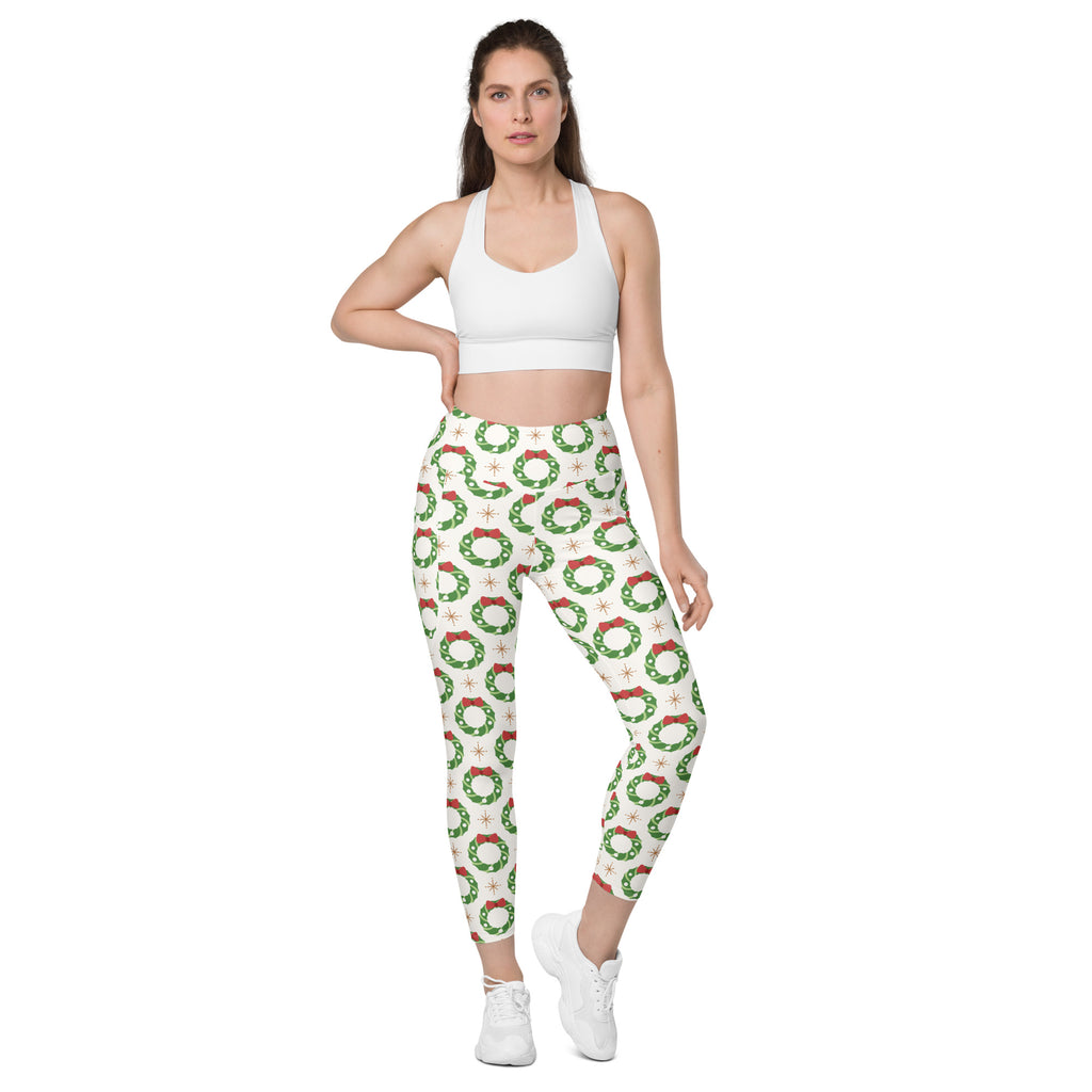 Women’s Christmas Wreath Yoga Leggings With Pockets – High-Waisted, Soft Compression Active Pants