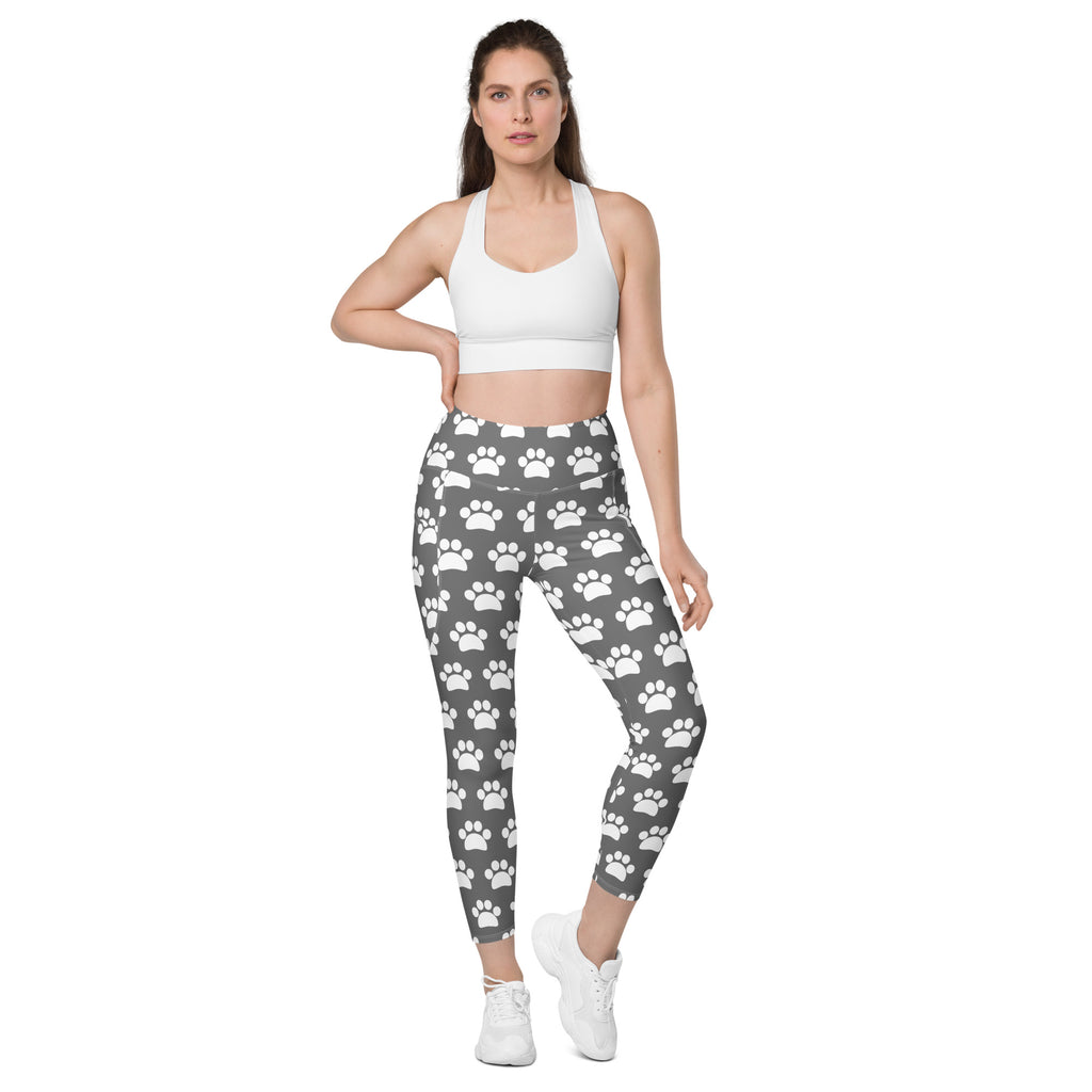Women’s Gray Paw Print Yoga Leggings With Pockets – High-Waisted, Soft Compression Active Pants
