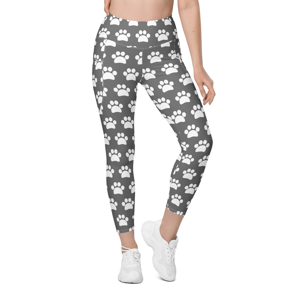 Women’s Gray Paw Print Yoga Leggings With Pockets – High-Waisted, Soft Compression Active Pants