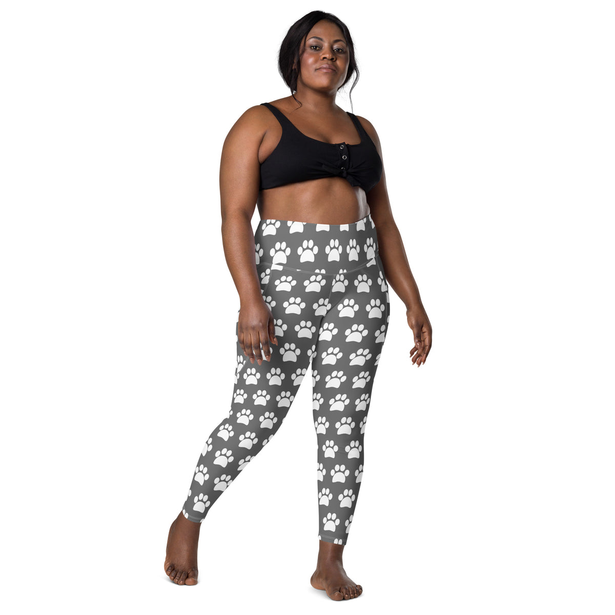 Women’s Gray Paw Print Yoga Leggings With Pockets – High-Waisted, Soft Compression Active Pants
