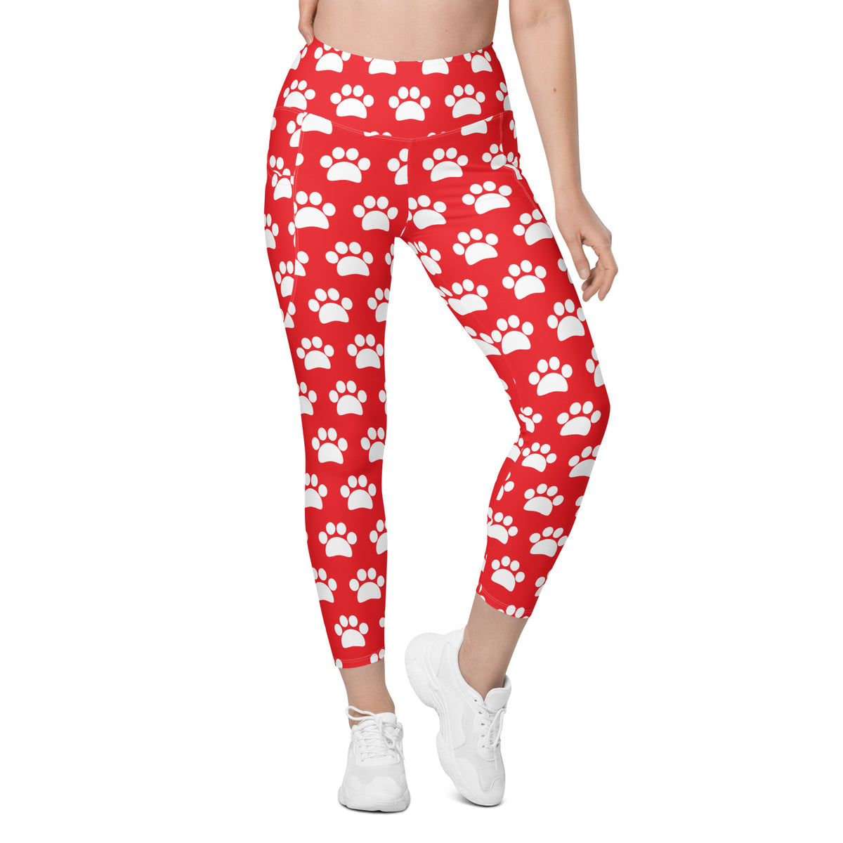Women’s Red Paw Print Yoga Leggings With Pockets – High-Waisted, Soft Compression Active Pants