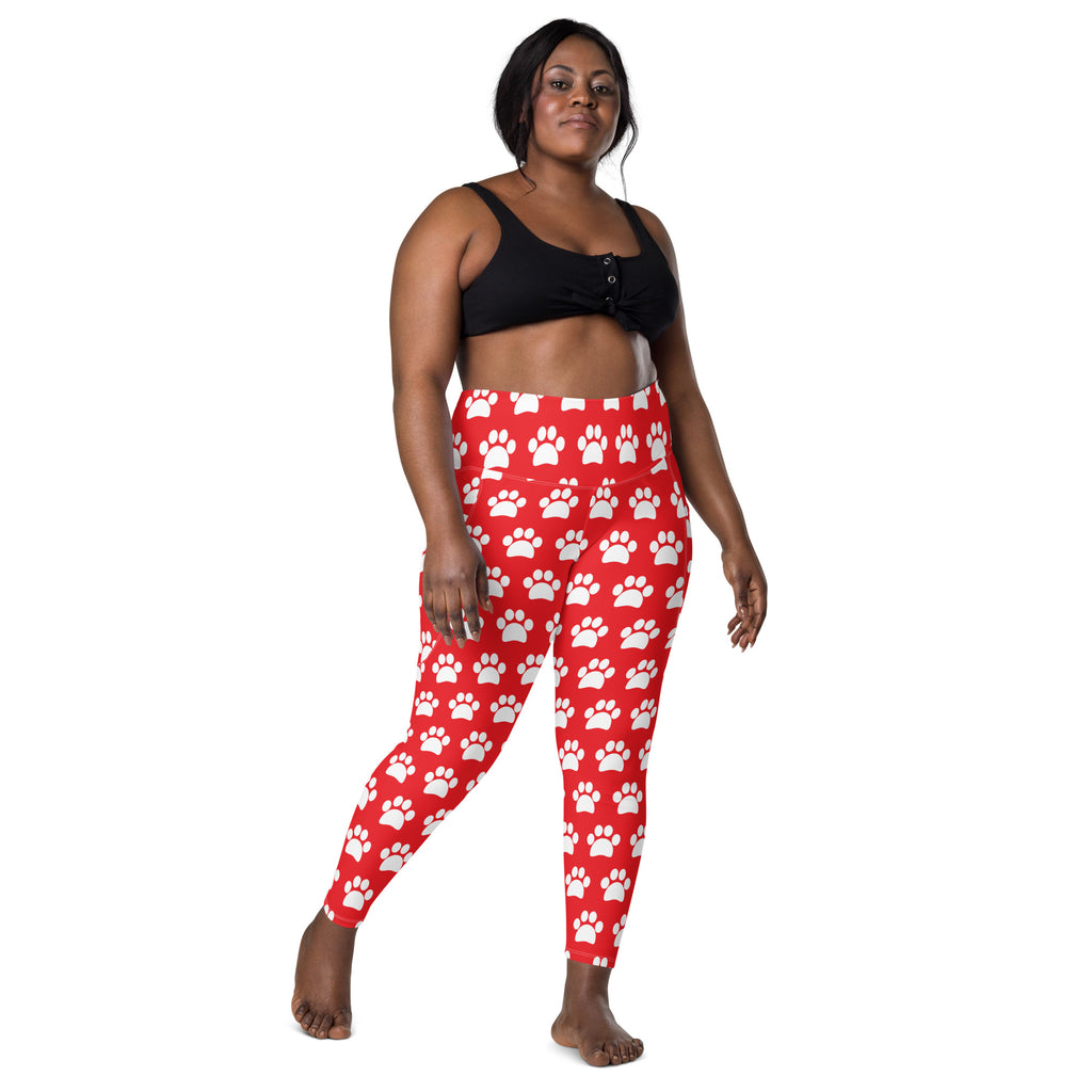 Women’s Red Paw Print Yoga Leggings With Pockets – High-Waisted, Soft Compression Active Pants