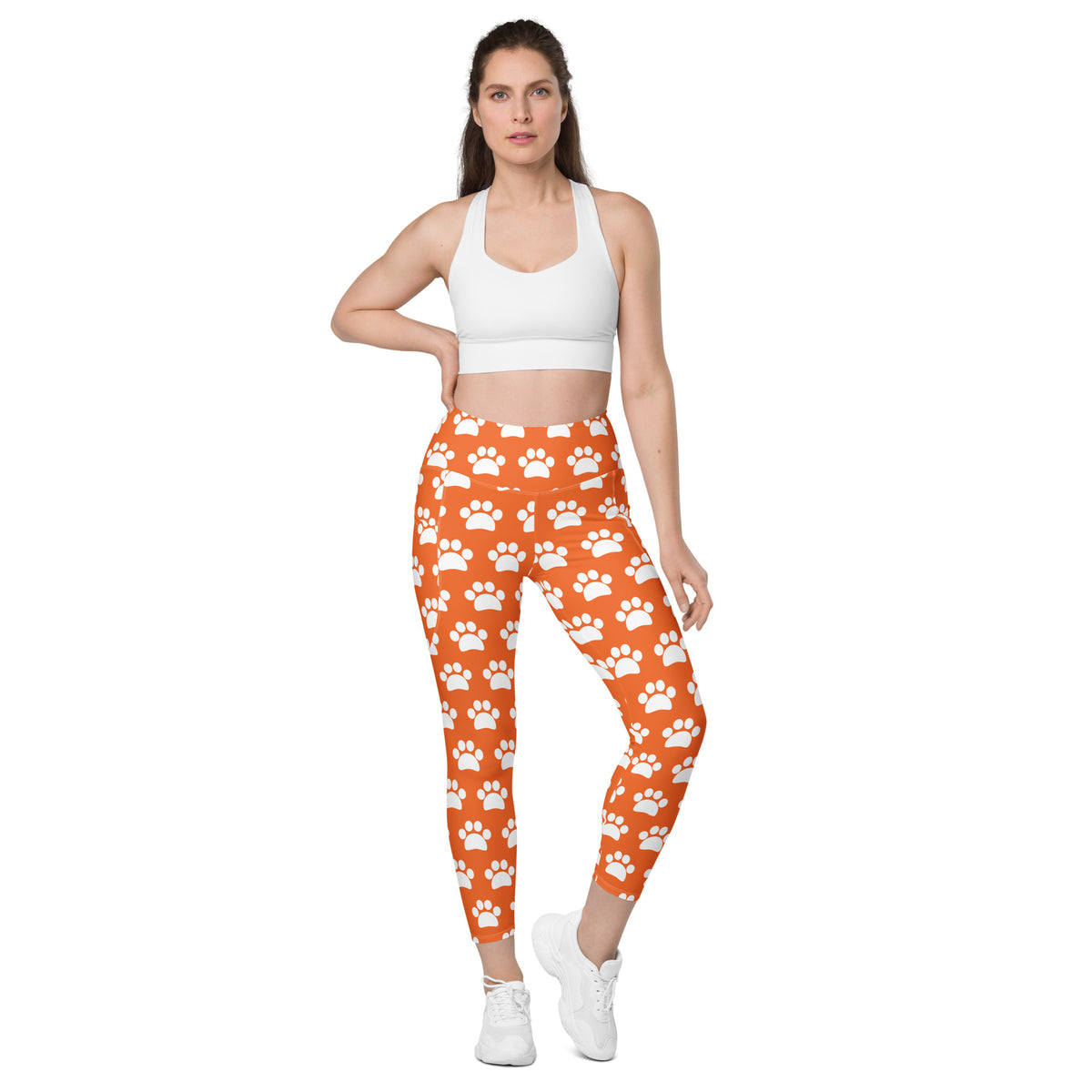 Women’s Orange Paw Print Yoga Leggings With Pockets – High-Waisted, Soft Compression Active Pants