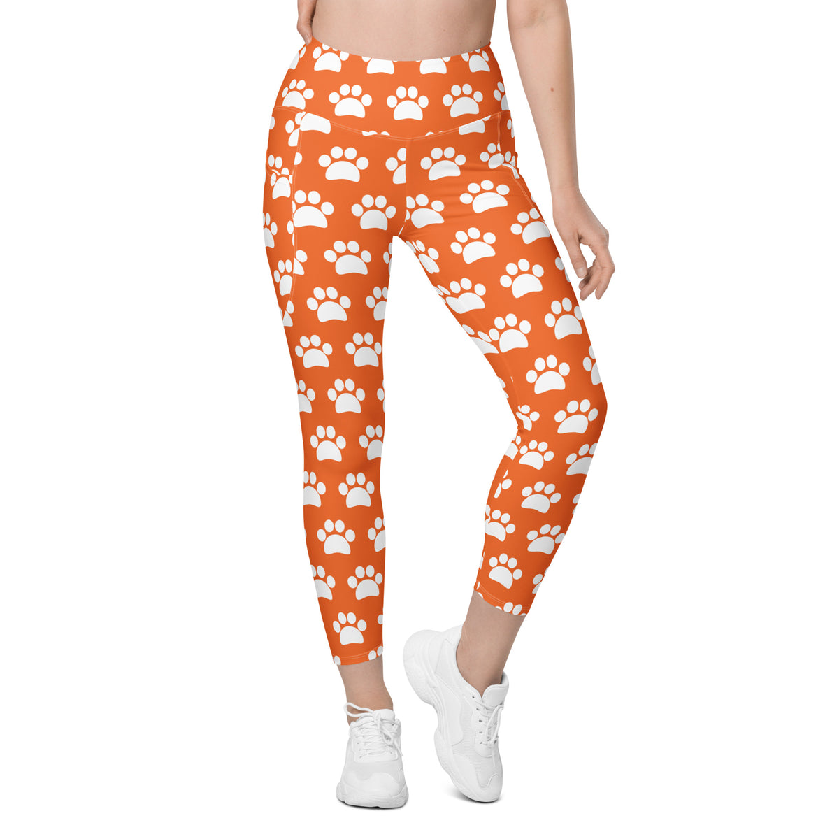 Women’s Orange Paw Print Yoga Leggings With Pockets – High-Waisted, Soft Compression Active Pants