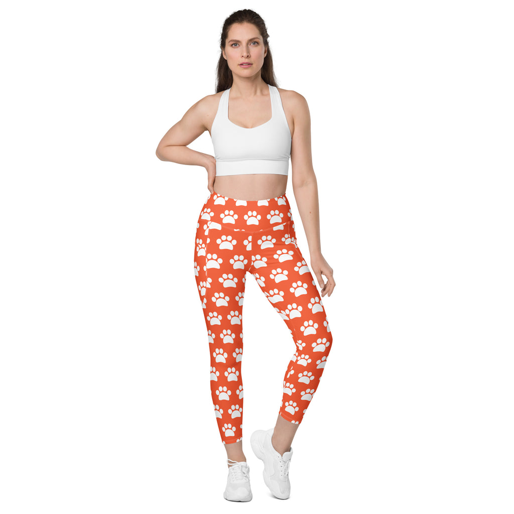 Women’s Bright Orange Paw Print Yoga Leggings With Pockets – High-Waisted, Soft Compression Active Pants