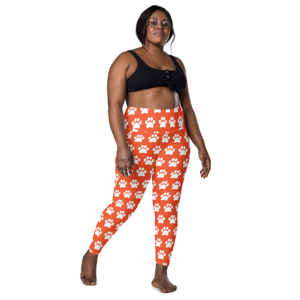 Women’s Bright Orange Paw Print Yoga Leggings With Pockets – High-Waisted, Soft Compression Active Pants