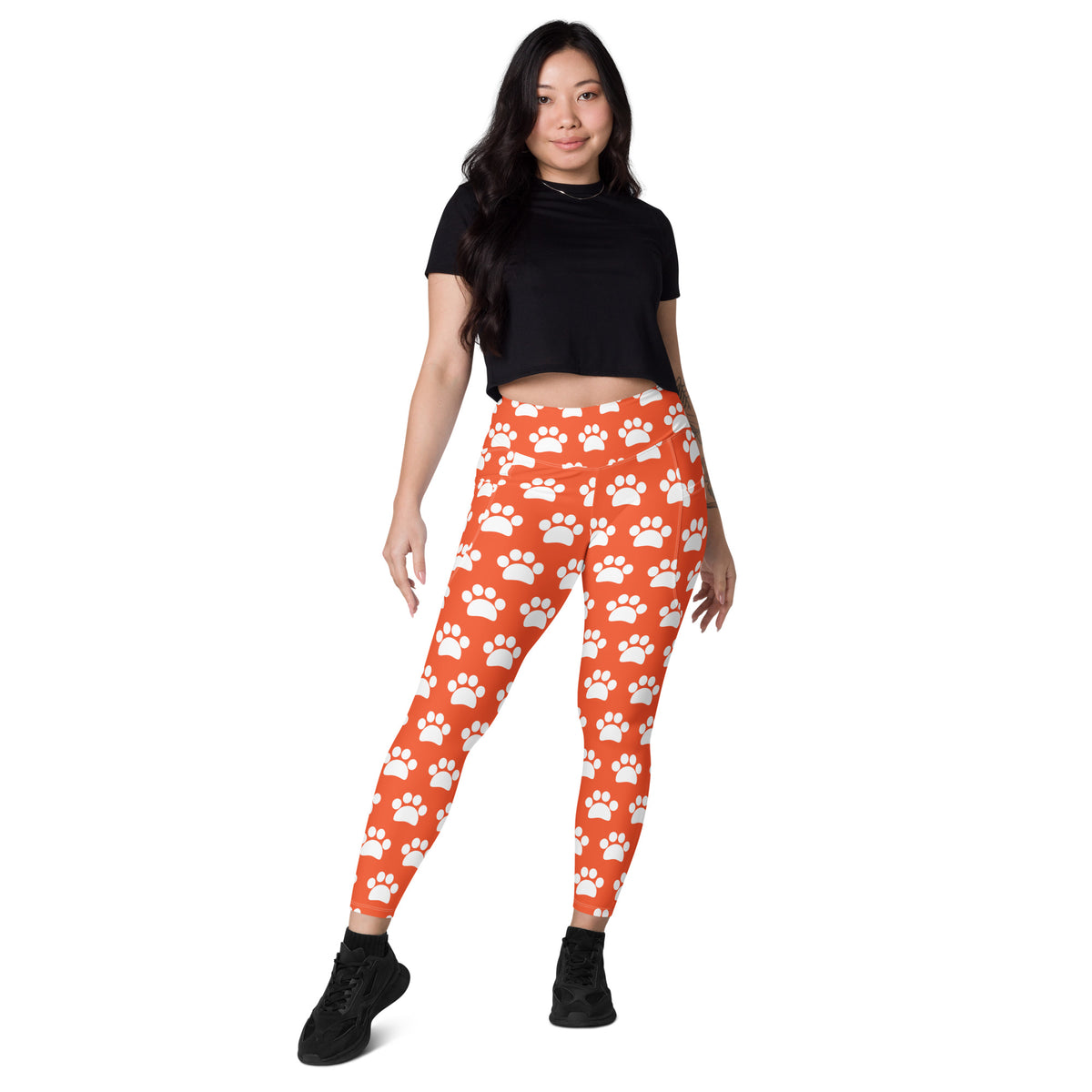 Women’s Bright Orange Paw Print Yoga Leggings With Pockets – High-Waisted, Soft Compression Active Pants