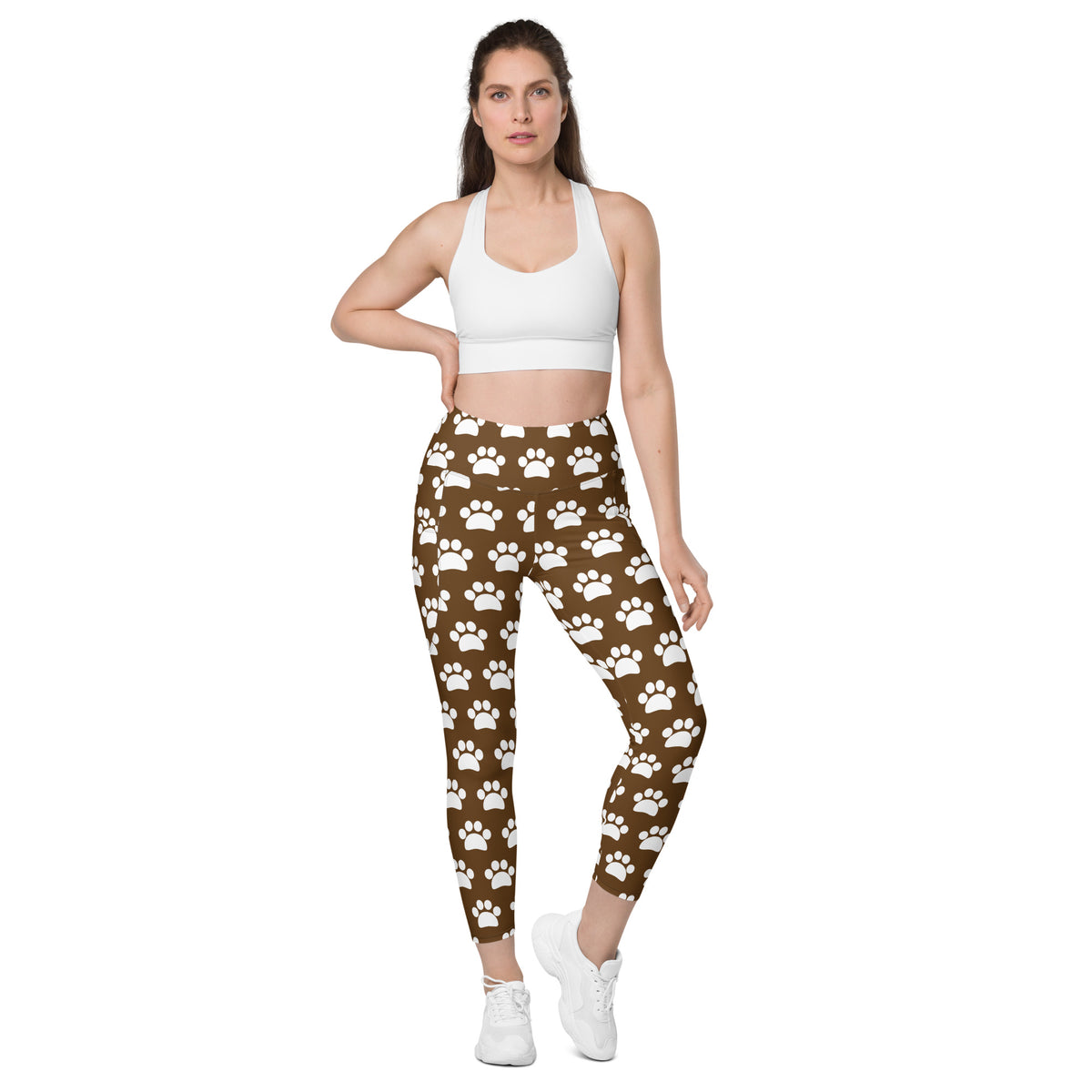 Women’s Brown Paw Print Yoga Leggings With Pockets – High-Waisted, Soft Compression Active Pants