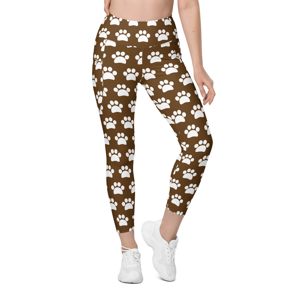 Women’s Brown Paw Print Yoga Leggings With Pockets – High-Waisted, Soft Compression Active Pants